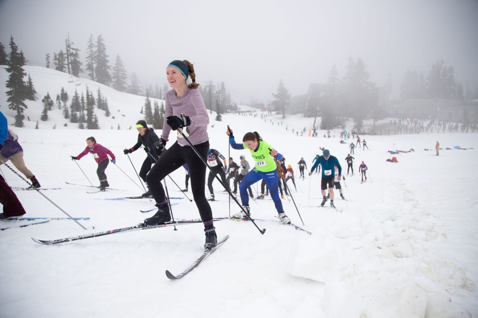 Elizabeth Watters from The Lost Canoe team climbs a hill in the cross-country ski leg of the Ski to Sea race on May 29