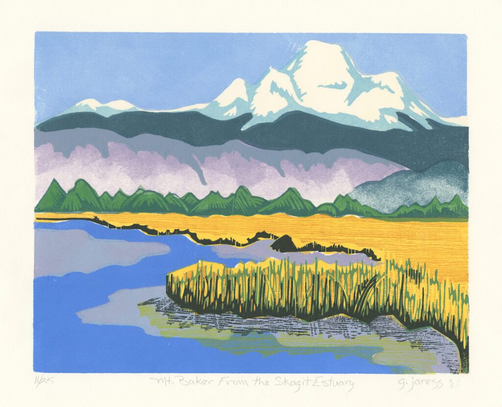 Mount Baker is the centerpiece of several prints by Gene Jaress in the exhibit “Skagit Valley in Color” showing in Lynden at the Jansen Art Center. In “Mount Baker From the Skagit Estuary