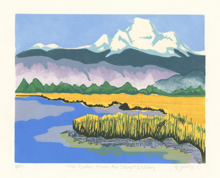 Mount Baker is the centerpiece of several prints by Gene Jaress in the exhibit “Skagit Valley in Color” showing in Lynden at the Jansen Art Center. In “Mount Baker From the Skagit Estuary