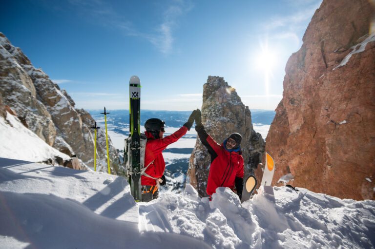 Skiers Jim Ryan and Griffin Post take a break before heading down the mountain in Teton Gravity Research's "Magic Hour" film showing Thursday