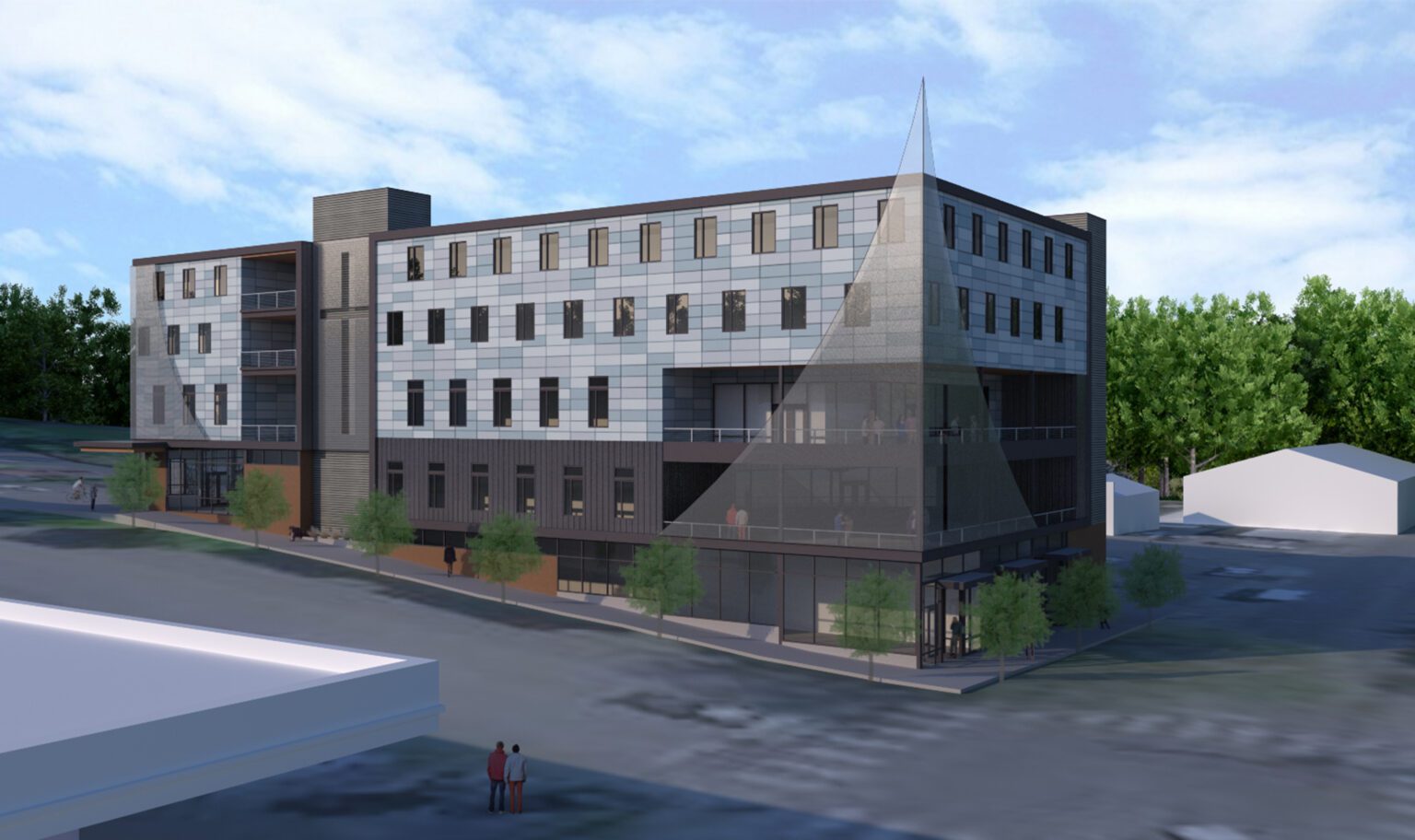 A visual graphic of a completed 300-bed, five story homeless shelter once completed.