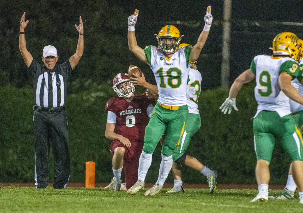 Lynden's Collin Anker (18) throws up his arms as teammate Lane Heeringa scores a touchdown as his team celebrates next to him and a referre throws up his hands in the same fashion.