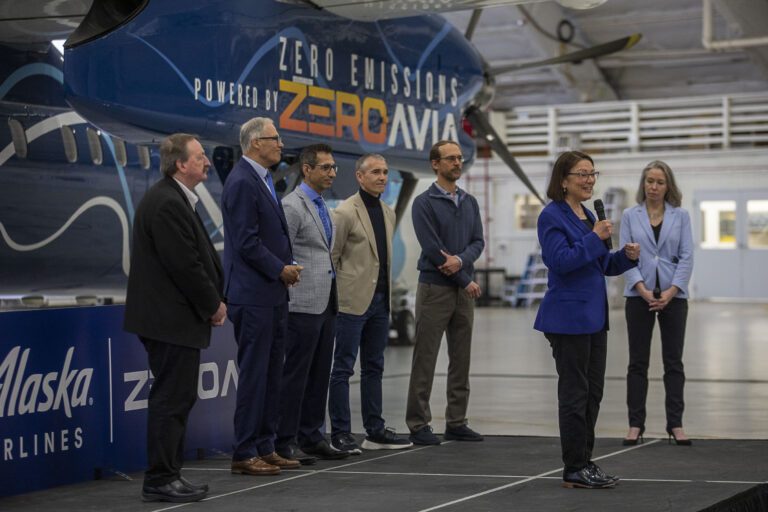 U.S. Rep. Suzan DelBene speaks during an event for Alaska Airlines and ZeroAvia to discuss their new collaboration in Everett on May 1. ZeroAvia is developing a hydrogen-electric propulsion system for aircraft.