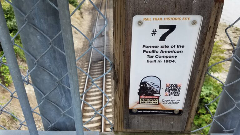 A Rail Trail Historic Site marker at Taylor Dock in Bellingham on July 16. The signs are informational remnants of the now-shuttered Bellingham Railway Museum that closed in 2020.