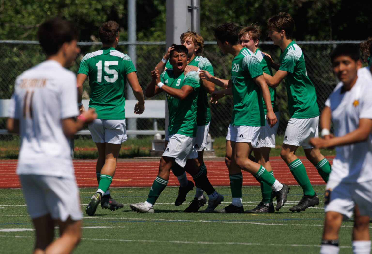 Sehome players celebrate Gilberto Andrews’ goal in the first half May 20 during the Mariners' 5-0 win over Aberdeen in the 2A state quarterfinals in Bellingham.