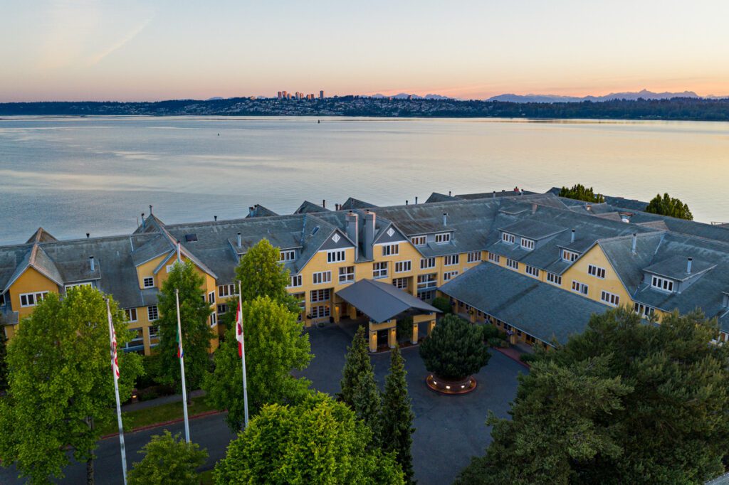 The aerial view of Semiahmoo Resort with the bay behind it.