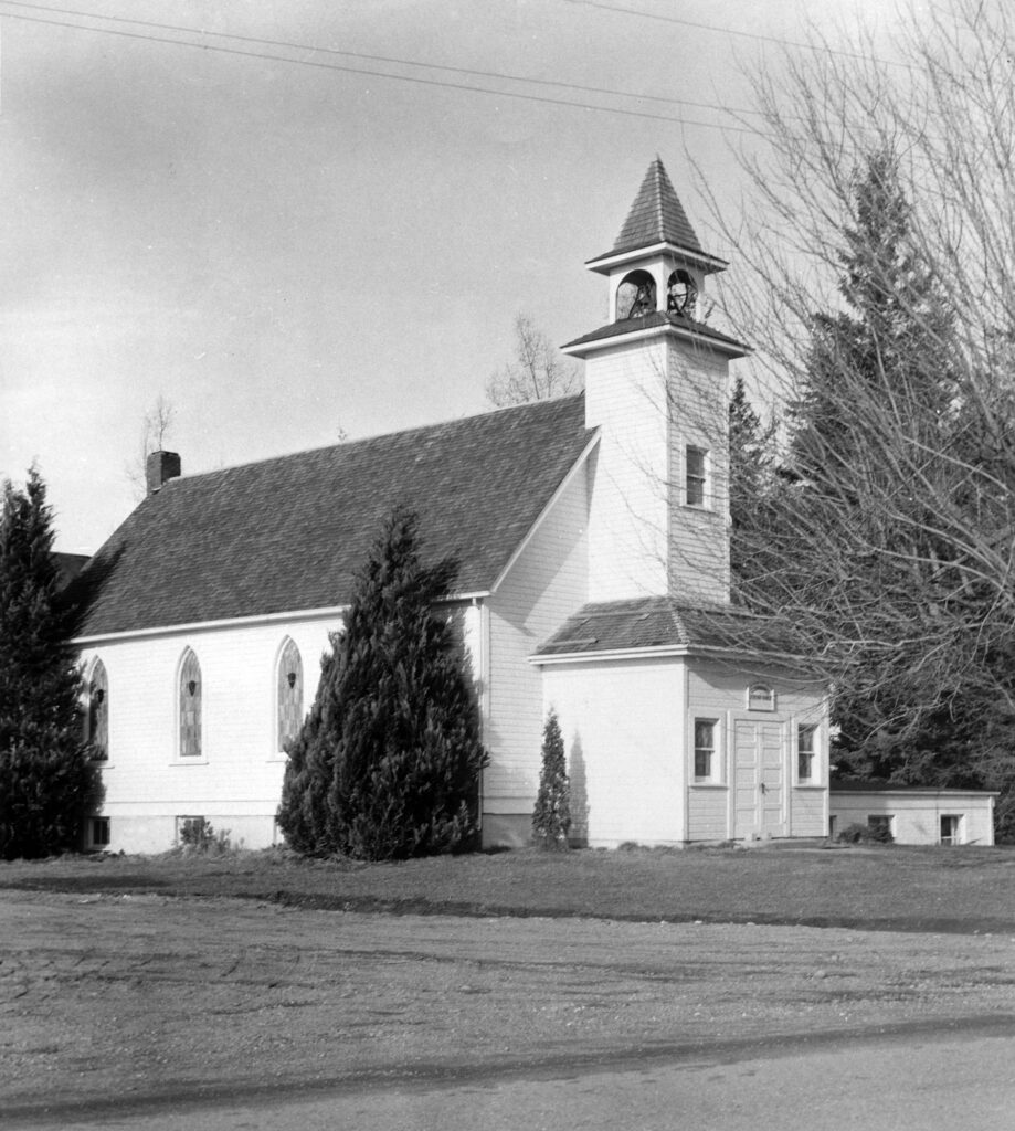 A black and white photo of Clearbrook Lutheran Church.
