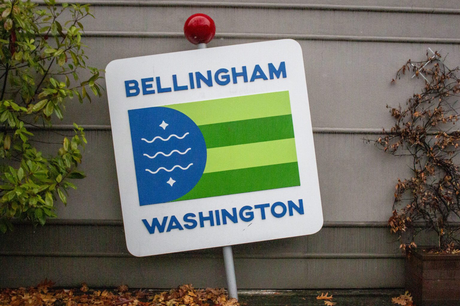 A Bellingham Flag sculpture sits in downtown Bellingham on Commercial and Magnolia streets. The flag was created by Bradley James Lockhart and was officially adopted by the City of Bellingham on April 24