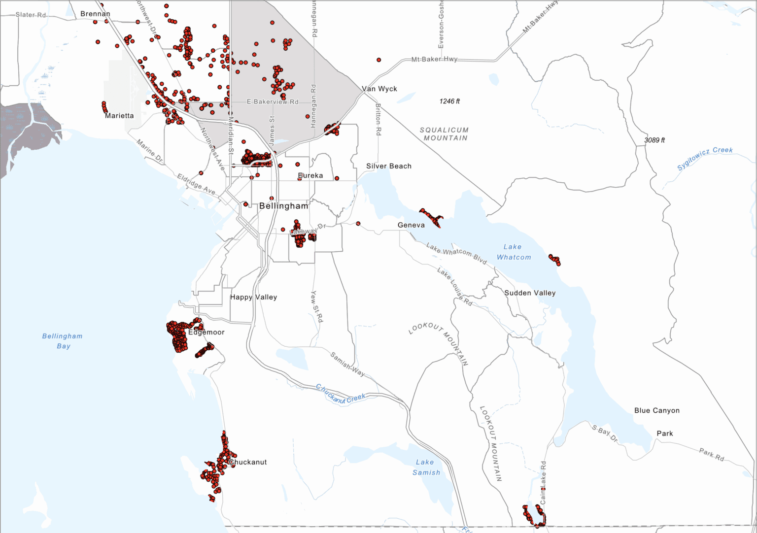 This section of a preliminary map shows the properties in and near Bellingham that were restricted by racial covenants. A University of Washington study has found more than 1