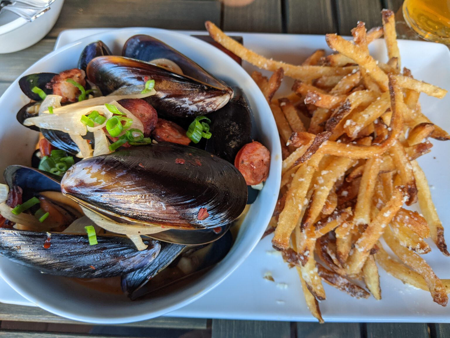 Moules frites have been a standby on the menu since the restaurant first opened. The pllump mussels are served in a rich chorizo-studded broth so good you may want to drink it all