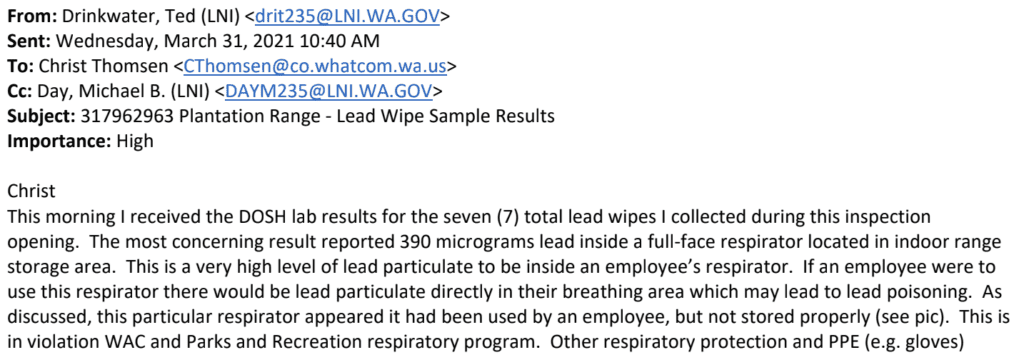 Email results of sampling the air quality in employee respirators.