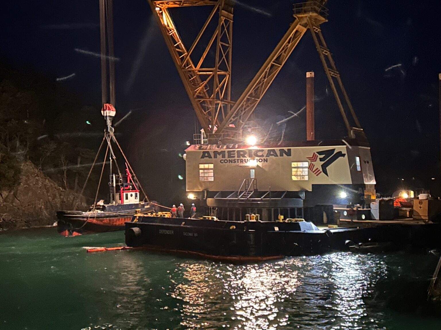 Contractors with Global Diving and Salvage successfully lifted the tugboat Tulalip onto a barge Feb. 22. The tugboat sank near Lopez Island earlier that day.