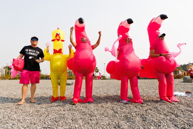 Dressed in inflatable flamingo suits on Saturday