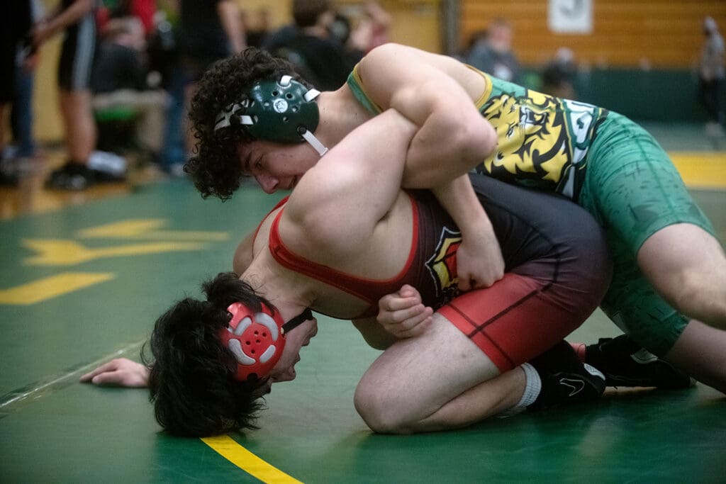 Lynden's Clarence Valladares gains control against Newport's Aidan Blakeslee.
