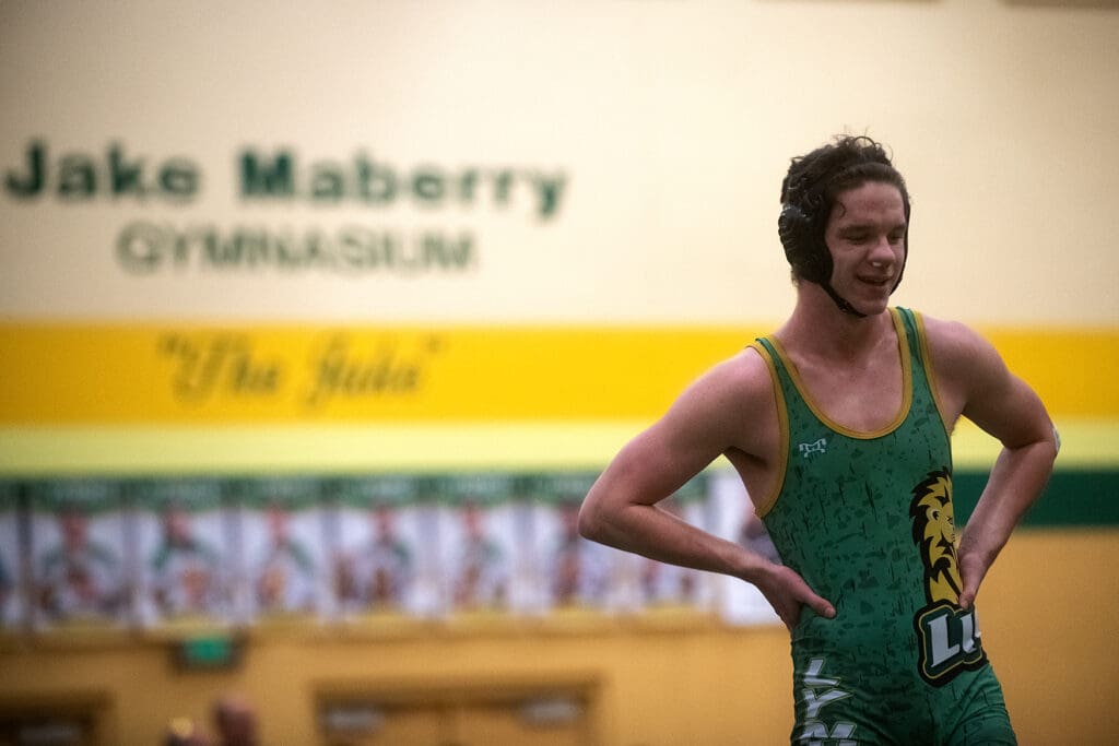 Lynden's Charlie Jenkins takes a breath during a close match.
