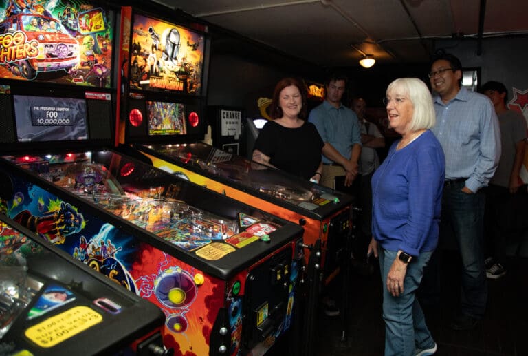 Sen. Patty Murray looks at pinball machines at The Racket on Monday