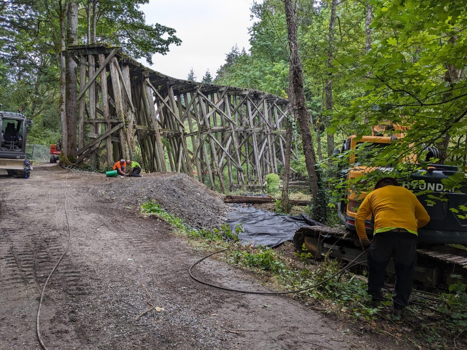 Workers prepare to remove the timber railroad trestle over Whatcom Creek in Whatcom Falls Park Thursday