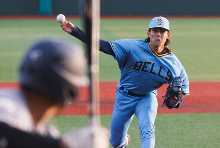 Bellingham Bells pitcher James Trimble throws against the Kelowna Falcons on June 14. Trimble pitched the final inning of the Bells' 1-0 victory over the Falcons in the divisional round of the playoffs on Aug. 8 in Kelowna