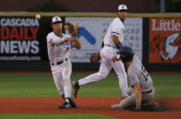 There Bellingham Bells' Cole Yoshida completes the double play against the Kelowna Falcons on Wednesday