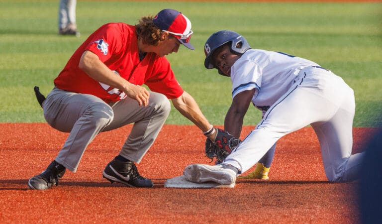 The Bellingham Bells' Dean West makes it safely to second base on a steal June 23 in the 11th inning of a 2-1 walk-off win over the Victoria HarbourCats.