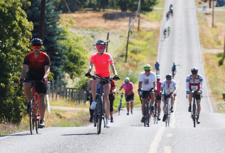 Riders pedal slowly up Douglas Road in Ferndale July 22 during the 18th annual Tour de Whatcom charity bicycle ride.