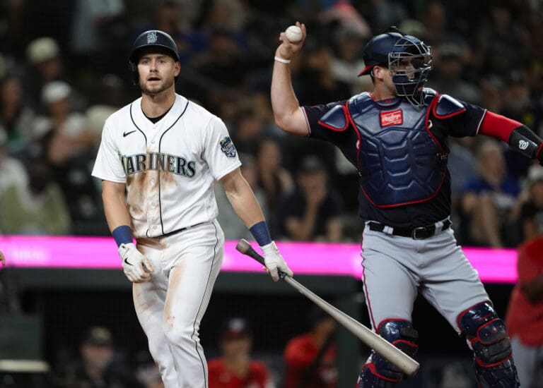 Seattle Mariners' Jarred Kelenic walks away after striking out