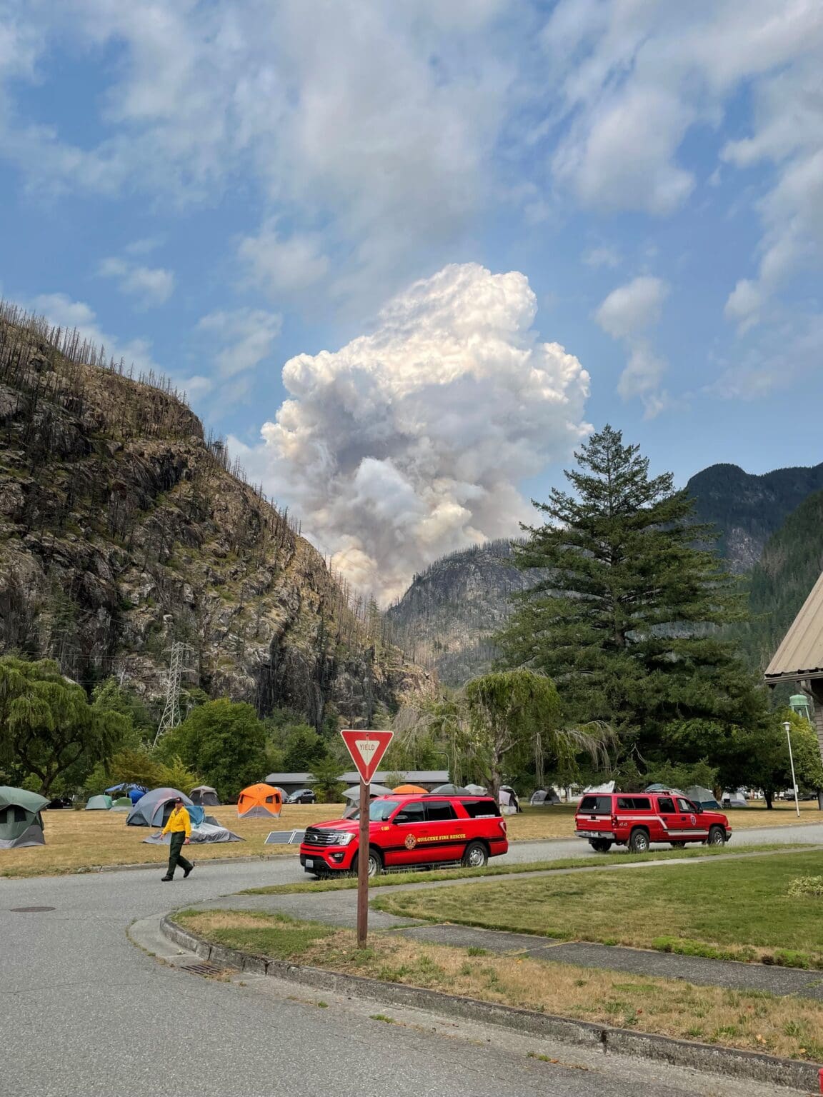 The Sourdough Fire is visible from Newhalem. State Route 20 reopened Wednesday