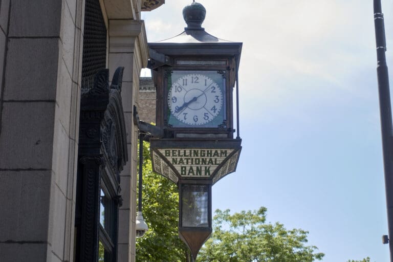 The Bellingham National Bank clock on East Holly Street and Cornwall Avenue was first installed in 1927. The clock and the building it rests on are listed on the National Register of Historic Places.