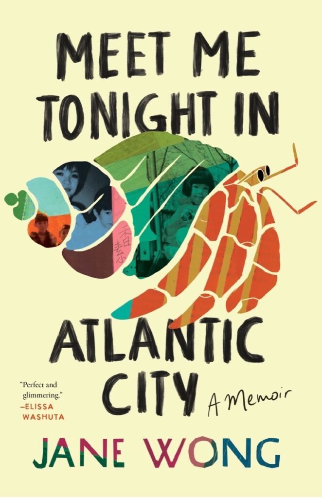 The book cover of "Meet Me Tonight in Atlantic City" with a colorful graphic of a hermit crab on a beige yellow background.