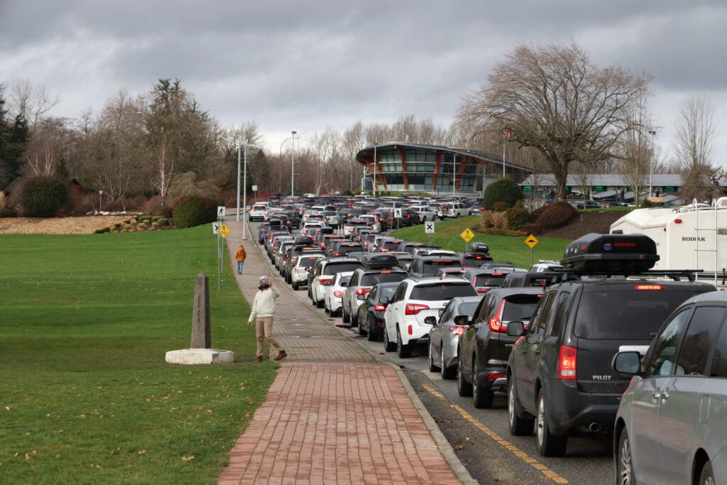 Lines of cars heading to Canada and the Peace Arch in Blaine, Wa. on Feb. 19.