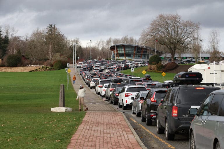 Lines of cars head to Canada and the Peace Arch border crossing in 2022 from Whatcom County. Personal vehicle border crossing volumes are slowly creeping up from their pre-pandemic levels.
