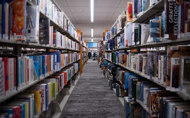 The walkway in between library shelves has various types of books.