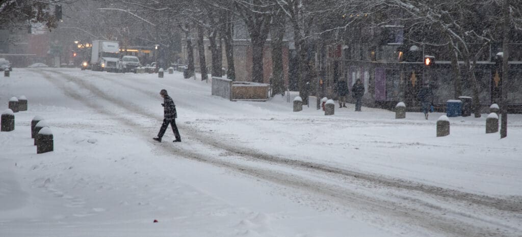 A person crosses an uncleared Magnolia Street that's covered in snow.