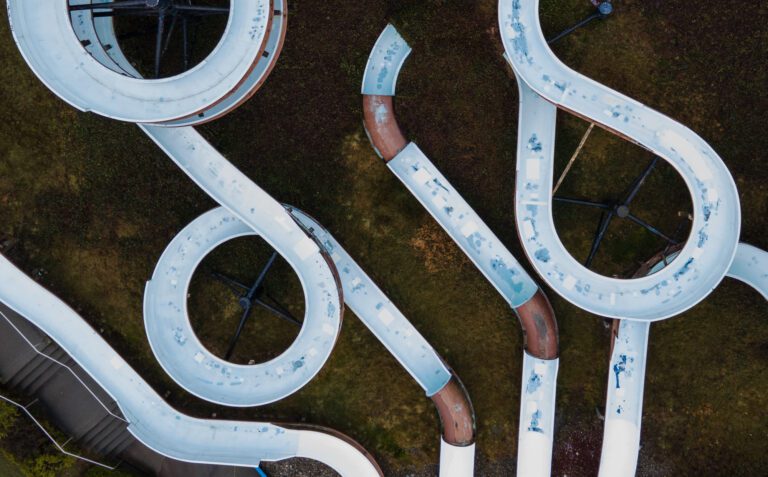 Patches are visible throughout the light blue slides at Birch Bay Waterslides.