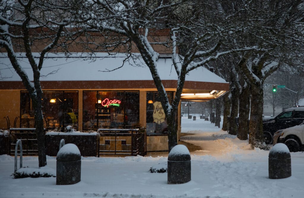 Caffe Adagio surrounded by trees covered in snow boasts an open sign as snow falls.