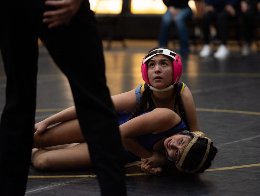 Ferndale's Leslie Valencia looks up to the referee after receiving a warning.