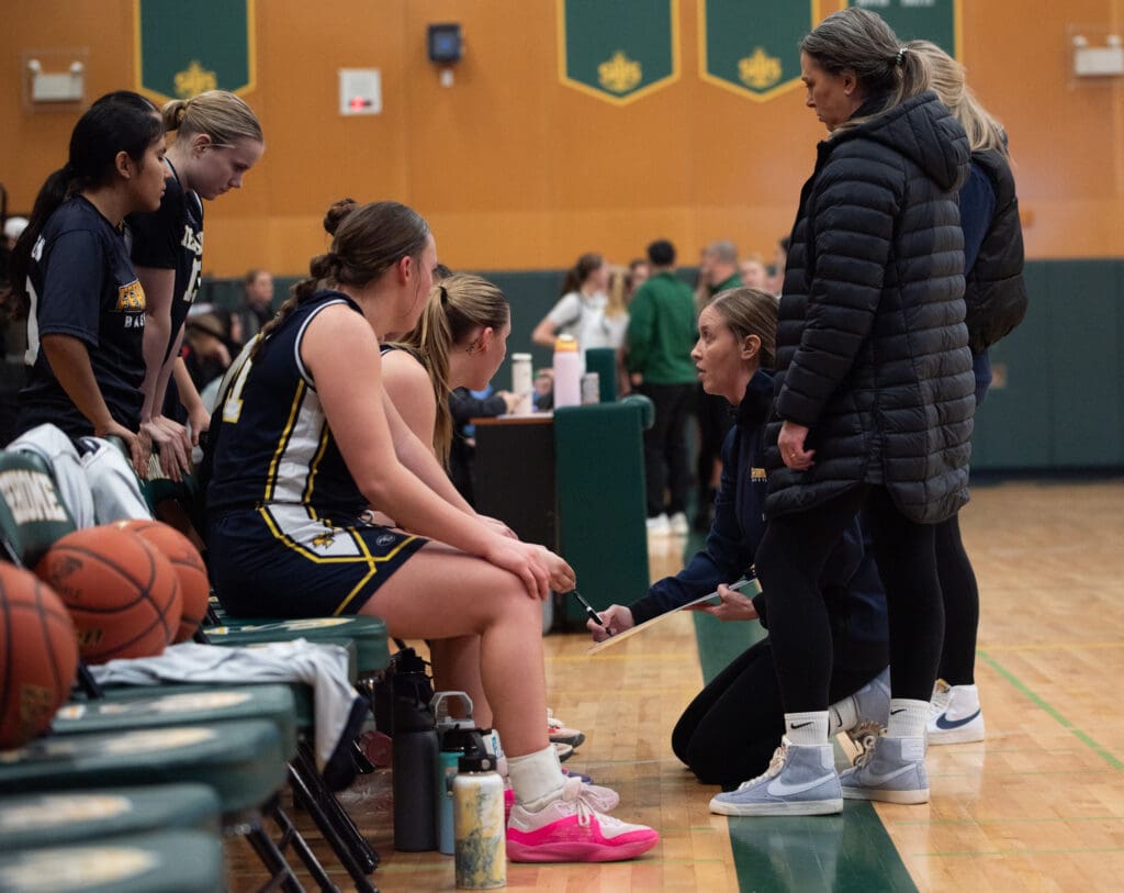 Ferndale head coach Terri Yost draws up an inbound play during a timeout in the final stretch of the fourth quarter.
