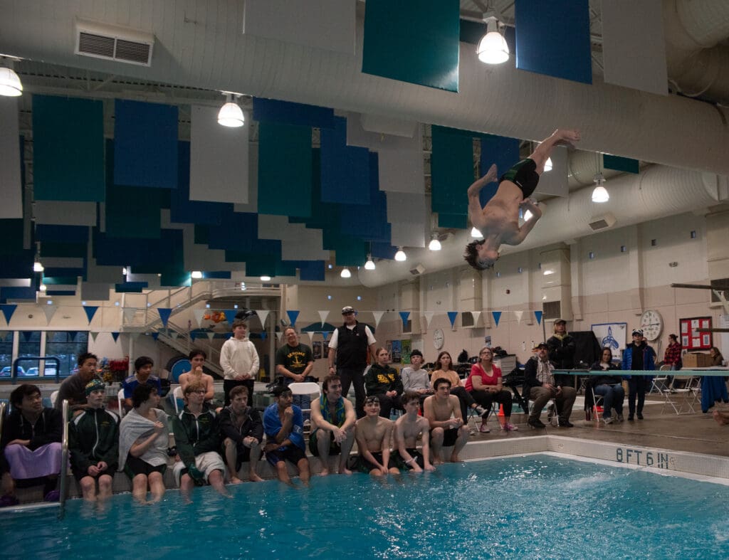 Sehome's swim team watches Gus Deluca dive.