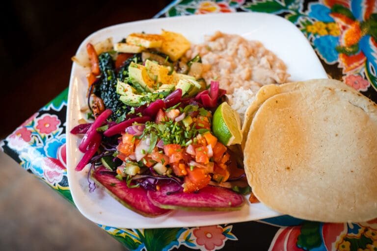 The vegan plate of assorted veggies, beans, and tortilla bread on a white plate ontop of a multicolored tablecloth.
