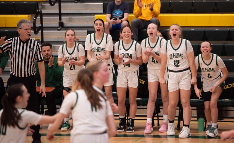 Sehome's bench cheers after senior guard Macie Aven sinks a shot after being fouled.