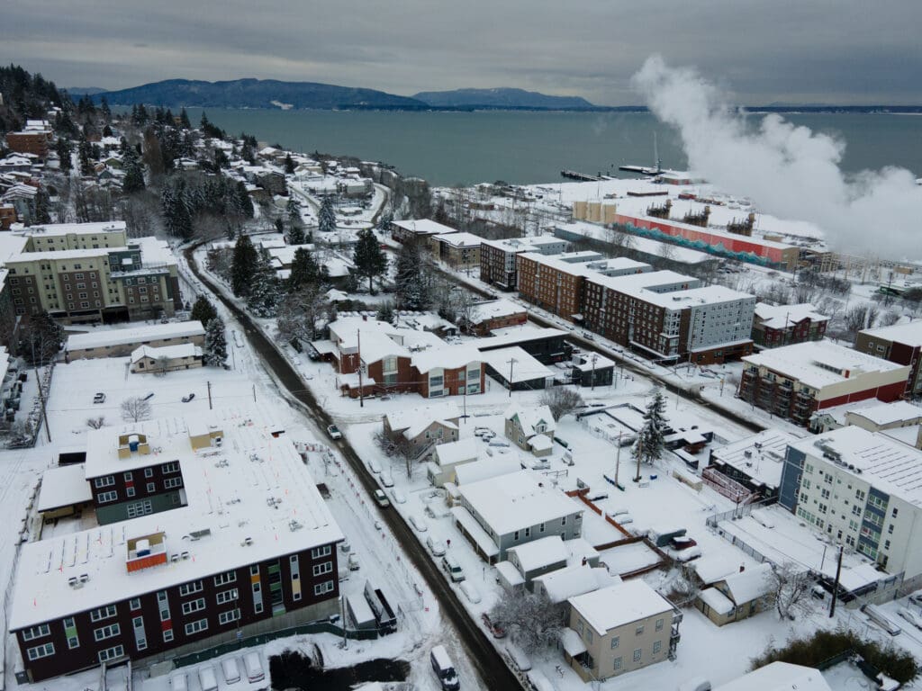 Snow covers downtown Bellingham.