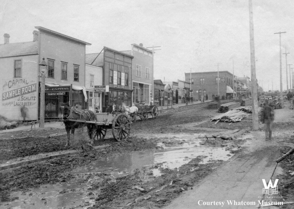 A vintage photo of Harris Avenue in 1889. Several small buildings are captured by the photgrapher as well as a horse carriage.
