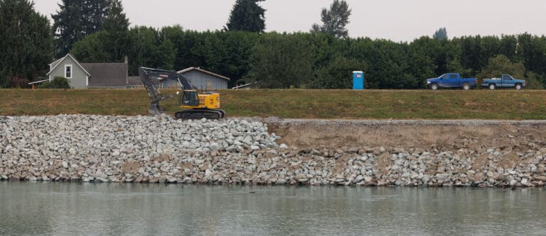 An excavator drops riprap armor along the levee of the Skagit River.