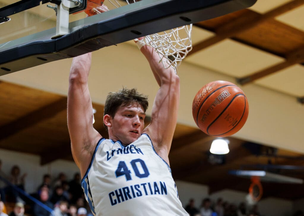 Lynden Christian’s Kayden Stuit throws down a two-handed jam.