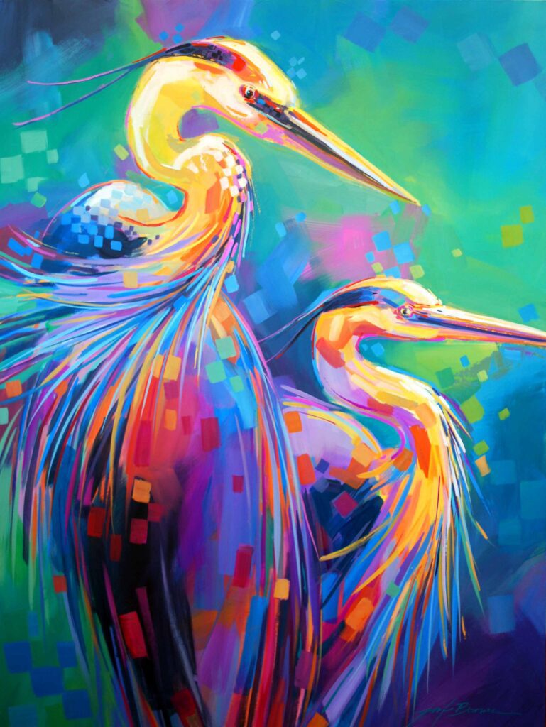 Jennifer Bowman's “Colorful Herons” is a stylized painting of two herons.