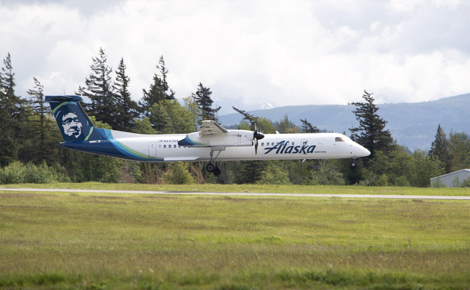 An Alaska Airlines plane takes off at Bellingham International Airport in May 2022.