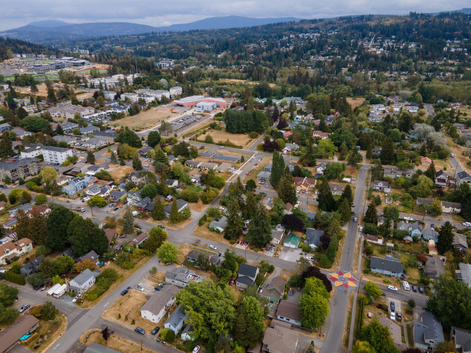 An aerial view of Happy Valley and other Bellingham neighborhoods surrounding the town.