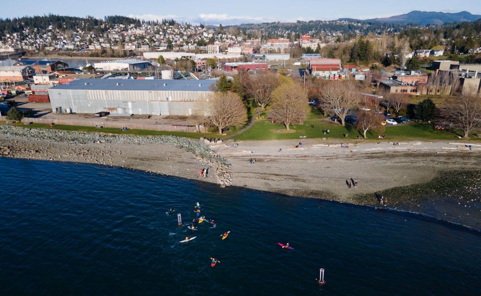 Kayakers play water polo in April 2023 off Marine Park in Fairhaven. The park is one of the Port of Bellingham's most popular destinations