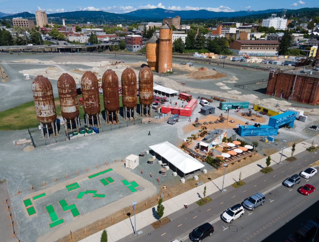 An aerial view of Portal Container Village on downtown Bellingham's waterfront.