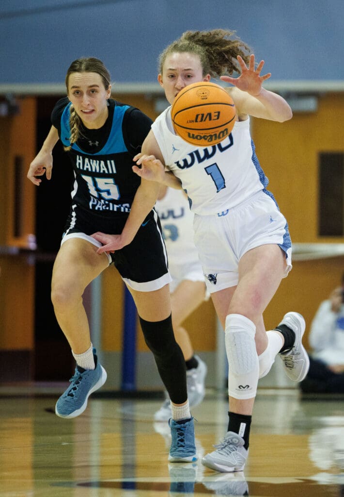Western's Olivia Wikstrom steals the ball while battling a Hawaii Pacific defender.